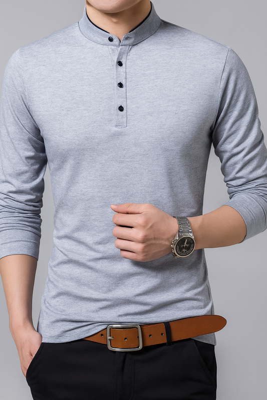 Solid Men Mandarin Collar Full Sleeves T-Shirt | Mens Full Sleeves Cotton Tshirt | Regular Fit Cotton Tshirt for Men