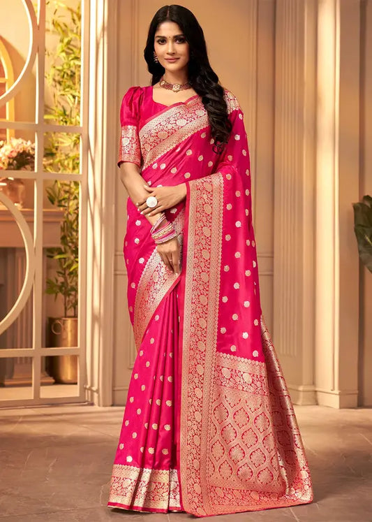 Women's Kanjivaram Soft Banarasi Silk Saree With Blouse Piece Pink