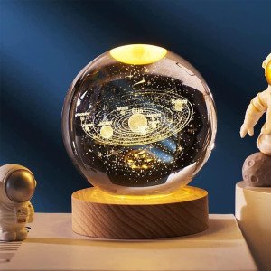 Rolexexplorer 3D Galaxy' Crystal' Ball Night Lamp,Creative Engraved Crystal' Ball Night Light, USB Table LED Wooden Crystal' Ball for Home Decoration Birthday Gift for Teens, Boys, Girls (Galaxy')(Warm White)